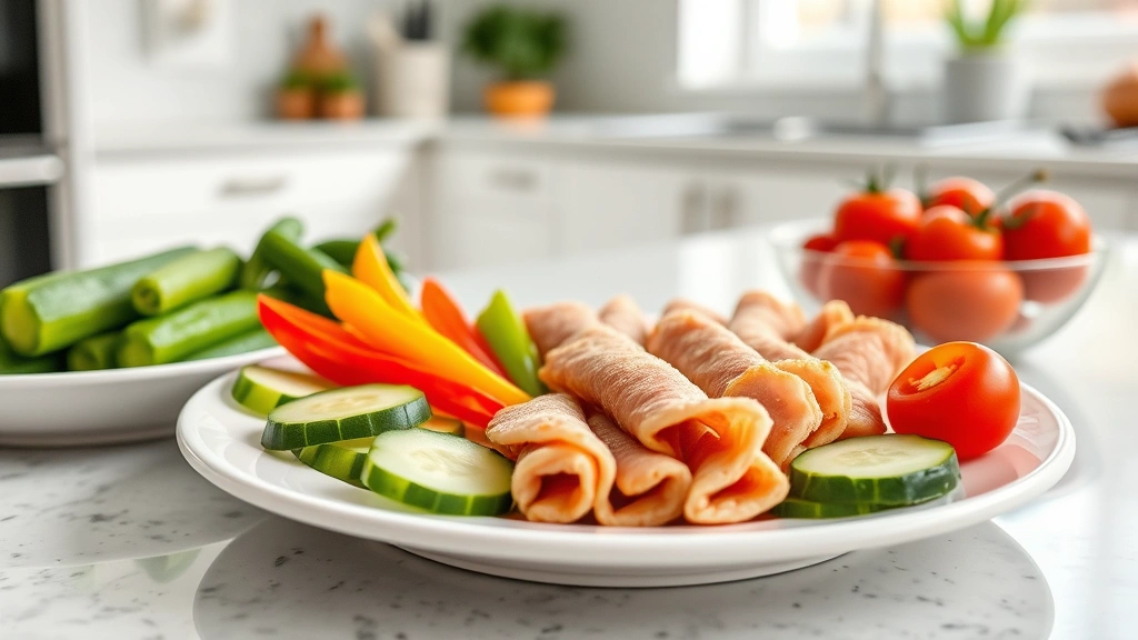 Healthy snack plate featuring pork deli sticks paired with fresh bell peppers, cucumber slices, and cherry tomatoes, bright kitchen setting, clean modern styling, lifestyle blogger photography
