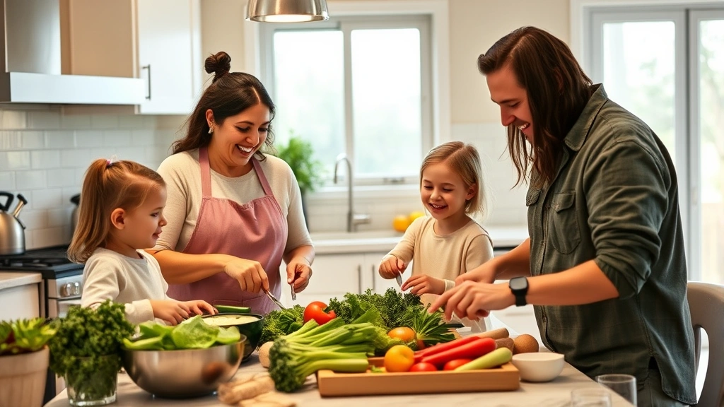 Multi-generational Ohio family cooking together in modern kitchen, parents and children preparing fresh vegetables, warm natural lighting, genuine smiles, casual comfortable clothing