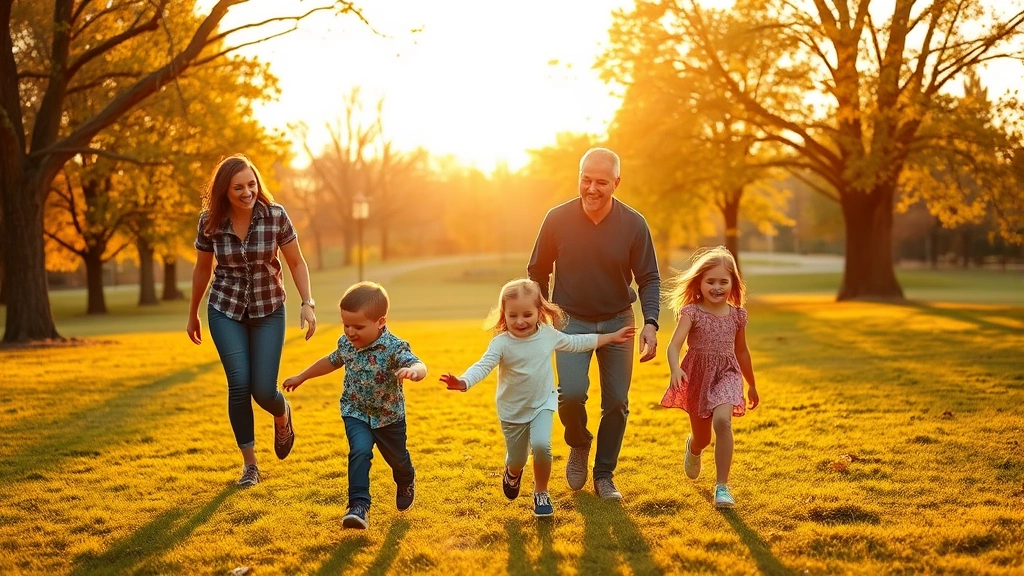Active Ohio family outdoors in beautiful park setting during golden hour, children playing, parents walking together, trees and grass visible, joyful natural expressions, healthy lifestyle moment