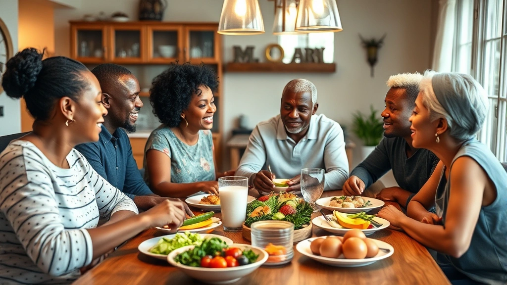 Diverse Ohio family having meaningful conversation at dinner table, healthy food visible, warm home interior, genuine connection and listening, multiple generations present, comfortable and safe environment