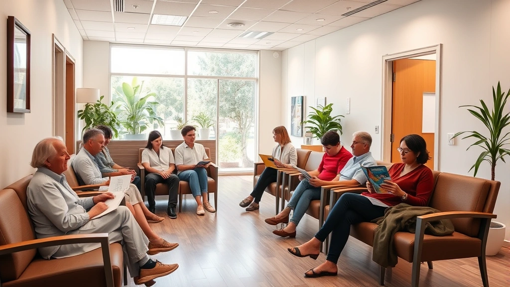 Warm, welcoming medical clinic waiting room with comfortable seating, natural lighting, diverse patients reading magazines, calm atmosphere, modern healthcare facility