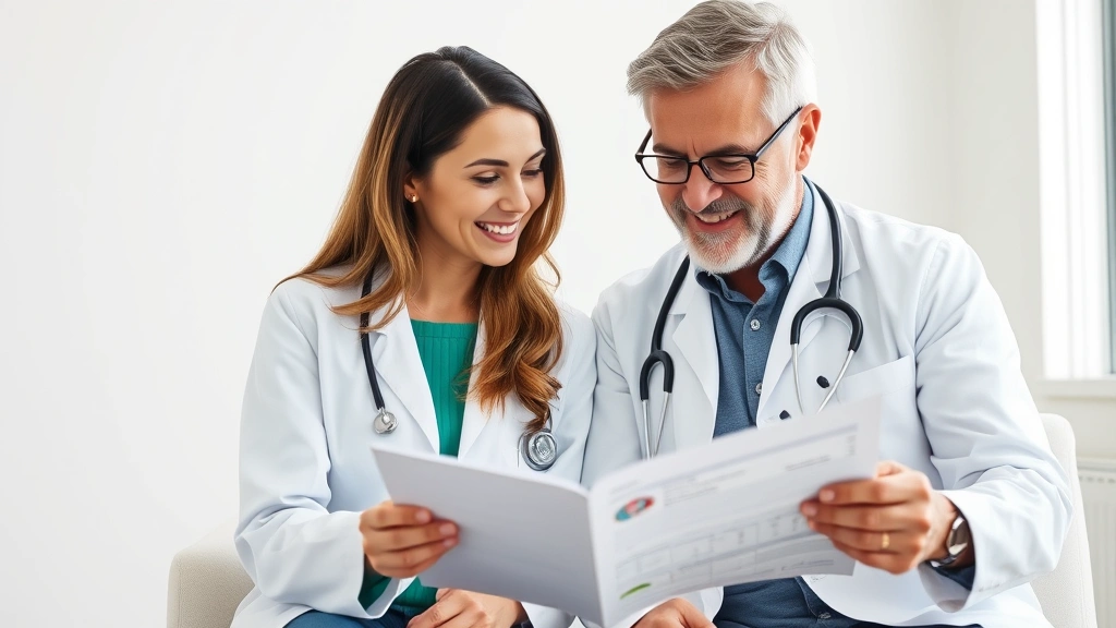 Compassionate female healthcare provider in white coat consulting with middle-aged male patient, reviewing medical chart together, professional yet warm interaction, bright clinical office