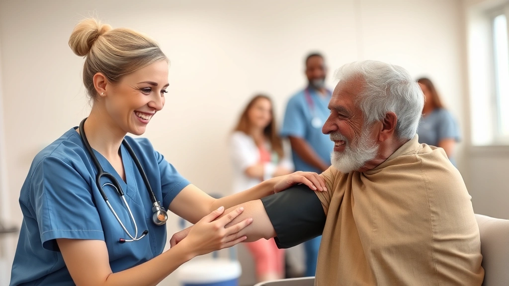 Friendly nursing staff member taking blood pressure of elderly patient with genuine smile, respectful care moment, clinical setting, diverse healthcare team in background