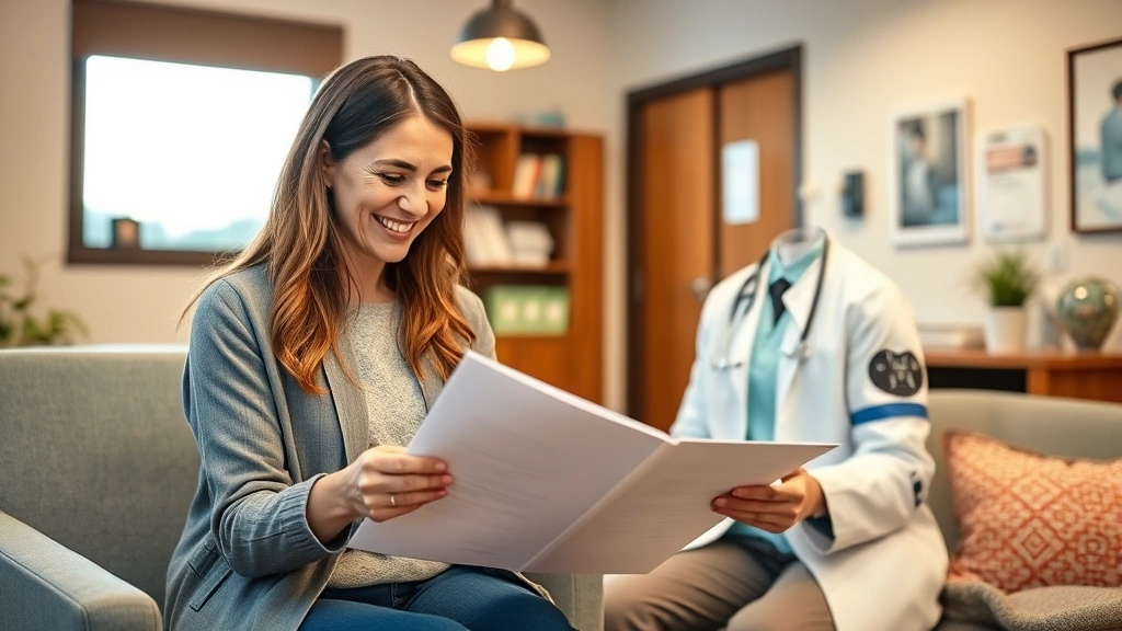 Woman in casual heartland setting, warm lighting, smiling while reviewing health documents with a supportive healthcare provider in a welcoming clinic office, professional yet comfortable atmosphere