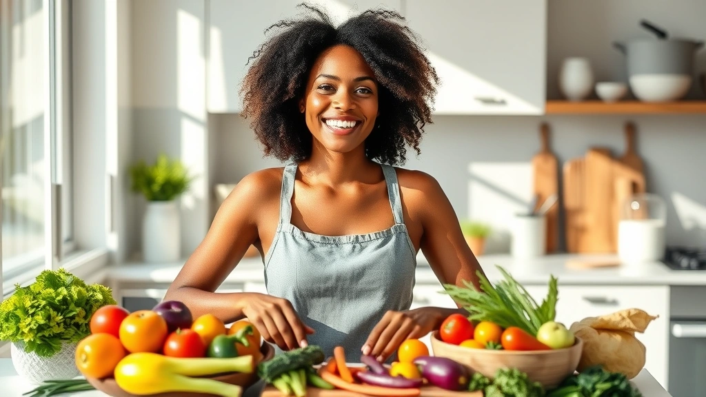 Diverse woman in modern kitchen, natural sunlight, preparing colorful whole foods including fresh vegetables and lean proteins, radiating health and wellness mindfulness