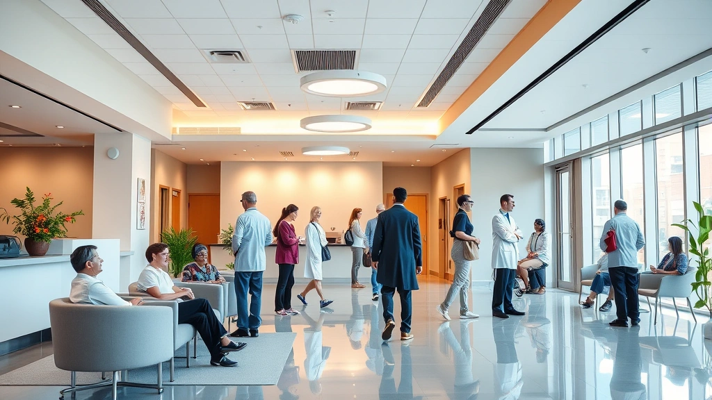 Modern healthcare facility with welcoming reception area, warm lighting, diverse patients and healthcare professionals interacting, contemporary medical environment with comfortable seating and wellness-focused design elements