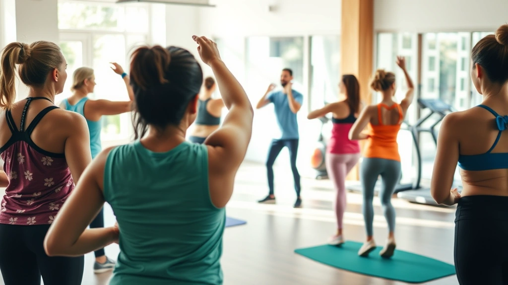Group fitness class in bright wellness center, diverse participants of various ages exercising together, instructor demonstrating movements, motivational atmosphere with natural light, modern equipment visible