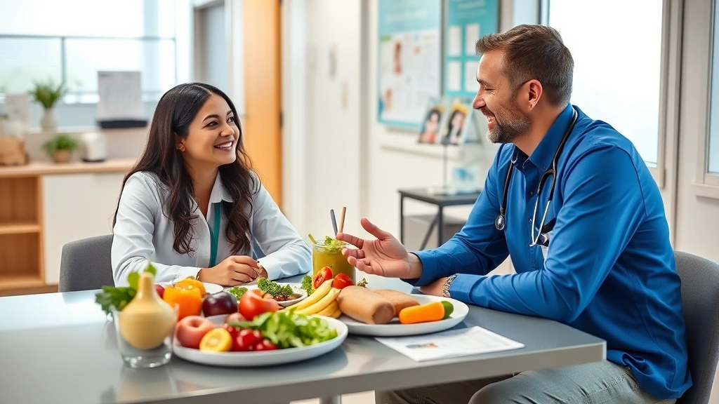 Healthcare professional conducting one-on-one nutrition consultation with patient at table with healthy food models, warm professional setting, educational materials visible, patient engaged and smiling, modern clinic environment