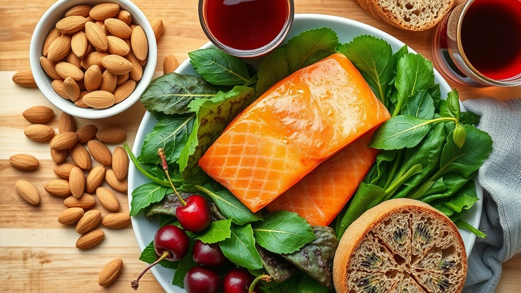 Overhead shot of nutritious sleep-supporting foods arranged beautifully: almonds, kiwi fruit, salmon fillet, leafy greens, whole grain bread, tart cherry juice in glass, warm inviting kitchen setting, photorealistic food styling