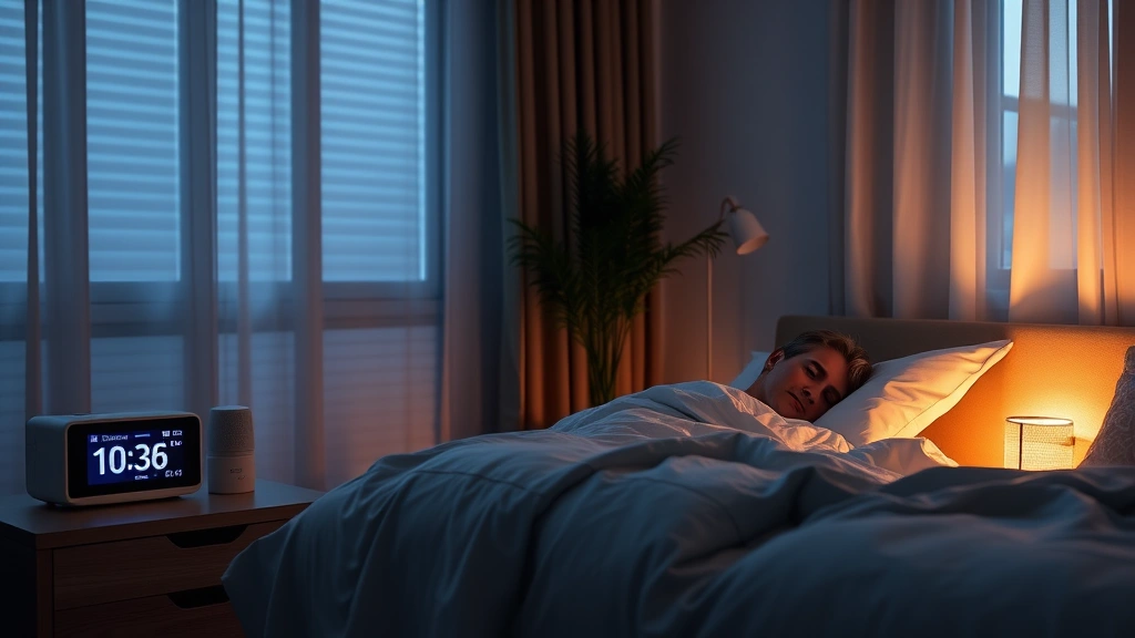 Modern smart bedroom with dimmed ambient lighting, digital clock showing optimal sleep time, white noise machine on nightstand, temperature control device visible, cozy atmosphere with person relaxing before sleep, photorealistic home technology lifestyle