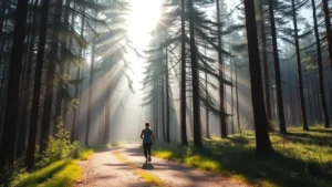 Serene forest path with dappled sunlight filtering through tall pine trees, person walking peacefully in athletic wear, misty morning atmosphere, natural landscape photography