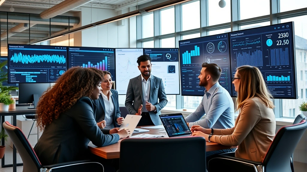 Professional diverse team collaborating in modern office with digital health dashboards and pain management software on screens, natural lighting, contemporary workspace design