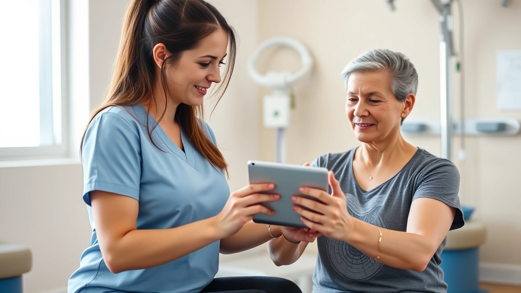 Female physical therapist coaching patient through exercise using tablet app, bright clinical setting, focus on technology-enabled care delivery and patient engagement
