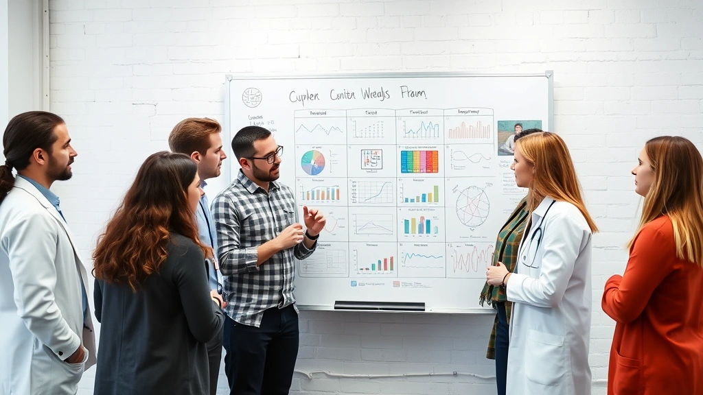 Team of engineers and clinicians brainstorming around whiteboard with healthcare data visualizations, collaborative startup environment, mixed gender diverse group