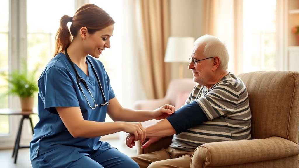 Professional female nurse in scrubs visiting elderly patient at home, warm natural lighting through windows, patient sitting in comfortable chair, nurse taking blood pressure, peaceful residential living room setting