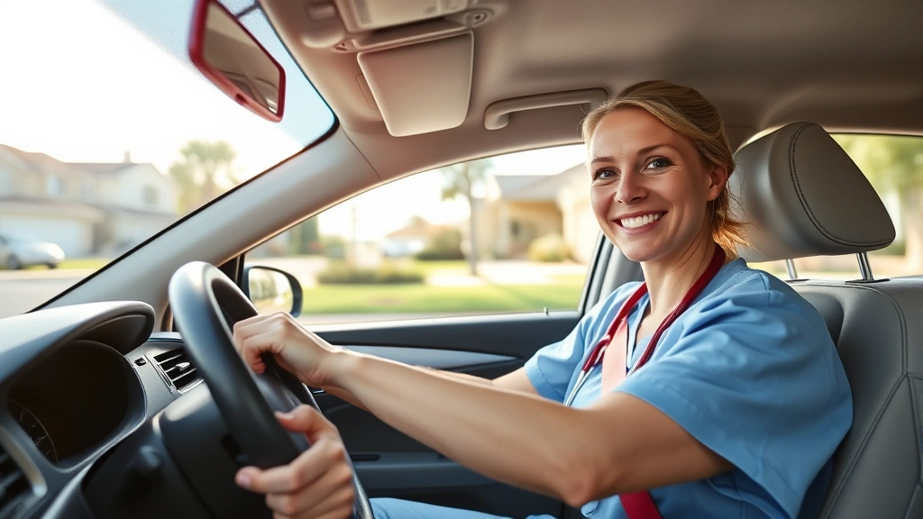 Home health nurse driving car with medical supplies visible, navigating suburban neighborhood, sunny day, confident expression, professional appearance, realistic automotive interior with GPS visible