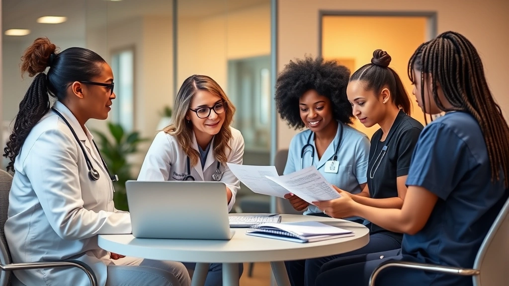 Diverse home health nurses team meeting in office, reviewing patient charts together, modern healthcare technology visible, collaborative professional atmosphere, warm lighting, inclusive workplace environment