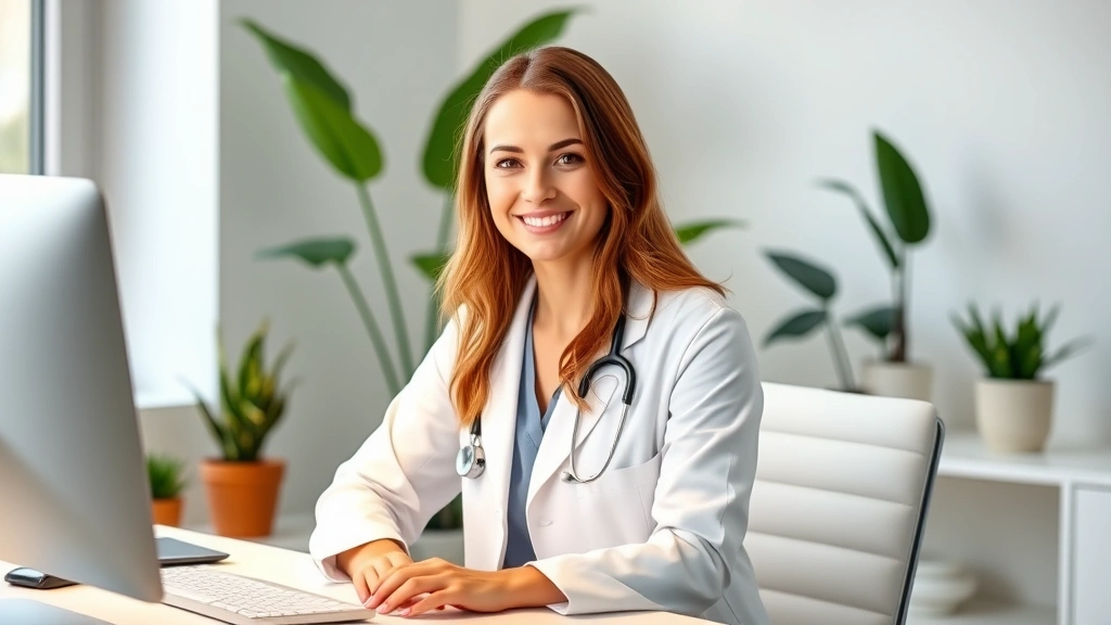 Professional female doctor in white coat sitting at modern home office desk with computer, warm lighting, professional yet approachable demeanor, stethoscope visible, clean minimalist background with wellness plants