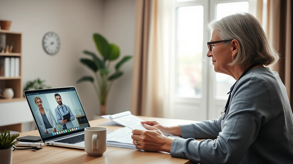 Young woman reviewing lab results and health documents with physician over video call on laptop, bright natural window lighting, coffee cup on desk, engaged expression, modern home office setting