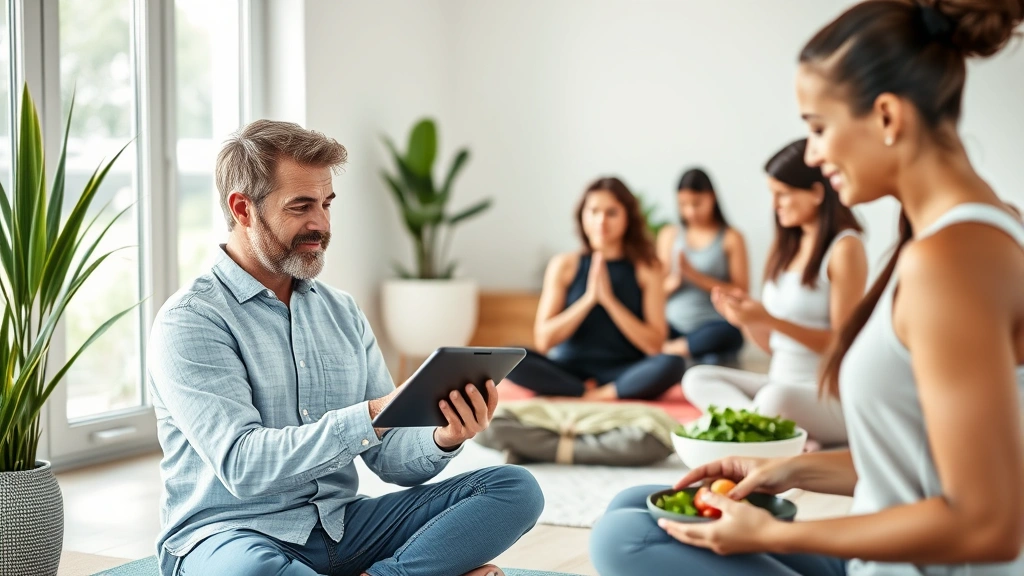 Diverse group of people in wellness setting - one reviewing health metrics on tablet, another doing yoga, another preparing healthy meal, bright natural lighting, contemporary lifestyle photography, wellness atmosphere