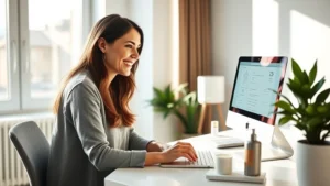 Woman in bright home office smiling while using laptop viewing medical test results on screen, natural light streaming through window, modern minimalist desk setup with wellness items
