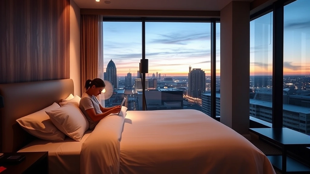 Modern upscale hotel room with premium king bed, soft white linens, floor-to-ceiling windows showing Omaha skyline at dusk, warm accent lighting, minimalist contemporary design, guest preparing for restful sleep