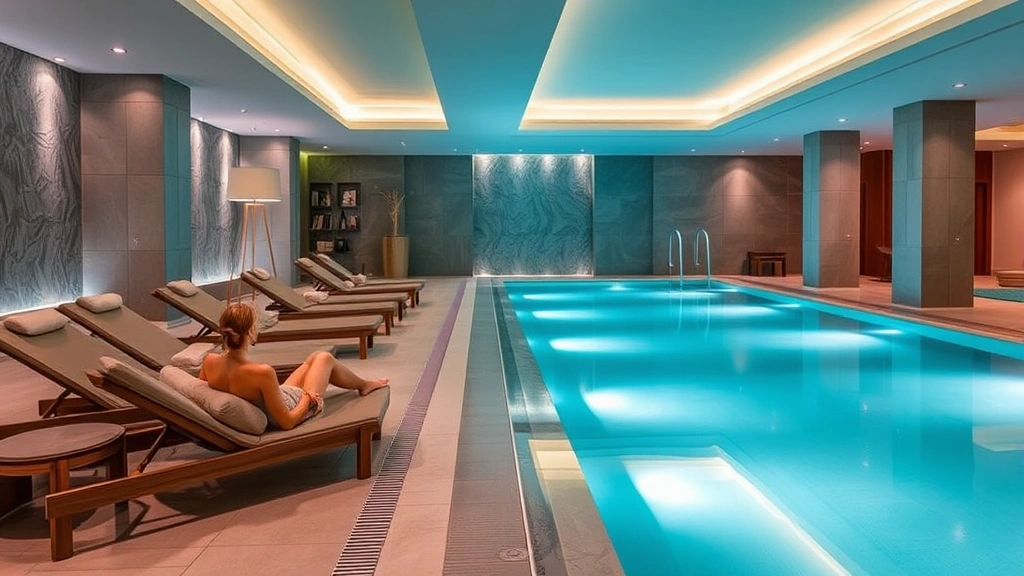 Luxury hotel spa area with heated indoor pool, comfortable lounge chairs, soft ambient lighting, guest relaxing poolside with towel, serene wellness environment, modern architectural details, peaceful luxury atmosphere