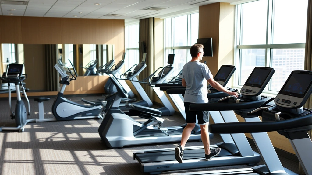 Hotel fitness center with modern cardio equipment, strength training machines, bright natural lighting from windows, guest using treadmill in wellness-focused space, clean contemporary design, motivational wellness environment