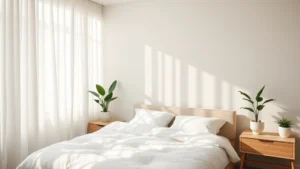 Serene modern bedroom with natural morning sunlight streaming through sheer white curtains, soft white bedding, potted green plants on nightstands, minimalist wooden furniture, cool tones creating peaceful sanctuary atmosphere