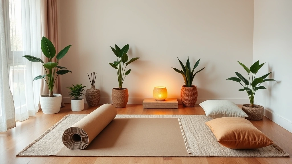Living room yoga corner with rolled yoga mat, meditation cushions, soft area rug, potted plants, diffuser with essential oils, warm ambient lighting, comfortable zen wellness space for movement and relaxation