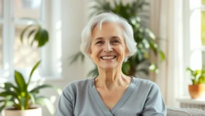 Elegant mature woman in her eighties with silver hair, radiant smile, sitting in bright sunlit room with plants, wearing comfortable wellness attire, peaceful and vibrant expression, natural lighting
