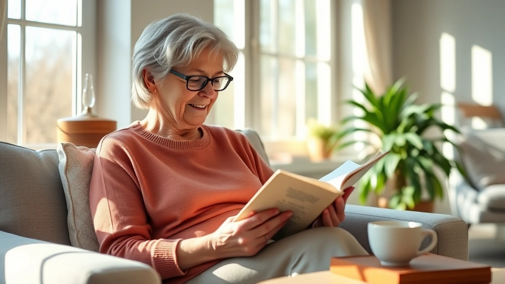 Mature woman reading scripture or journal in comfortable home setting, cup of tea nearby, sunlight streaming through windows, peaceful morning wellness routine, inspirational atmosphere