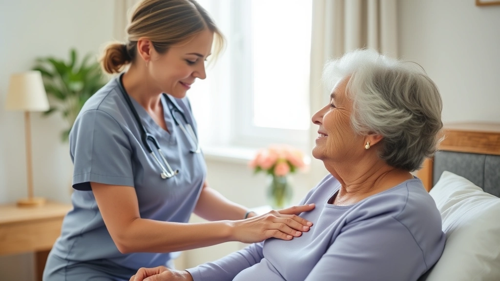 Senior woman receiving skilled nursing care at home from compassionate nurse, comfortable bedroom setting, natural daylight streaming through window, peaceful recovery environment