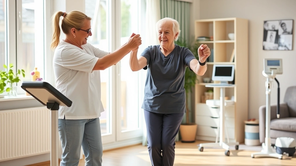 Physical therapist working with elderly patient on balance exercises in bright, accessible home setting, modern medical equipment visible, encouraging therapeutic moment