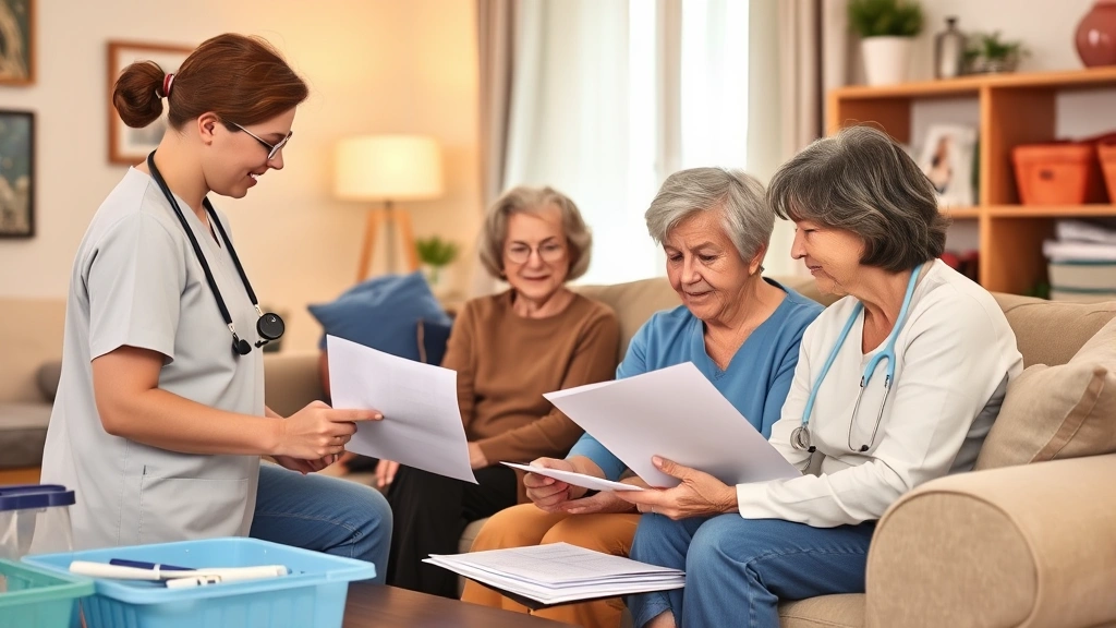 Medicare-certified home health team collaborating with patient and family in living room, reviewing care plan documents, warm professional atmosphere with medical supplies organized nearby
