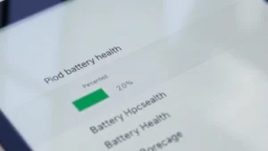 Close-up of iPad screen showing battery health settings with percentage metrics, modern minimalist interface, natural lighting on device