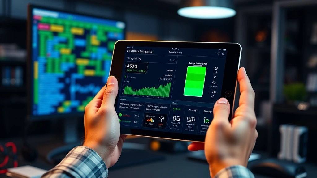 Hands holding iPad with battery diagnostic information displayed, professional tech workspace background, warm ambient lighting