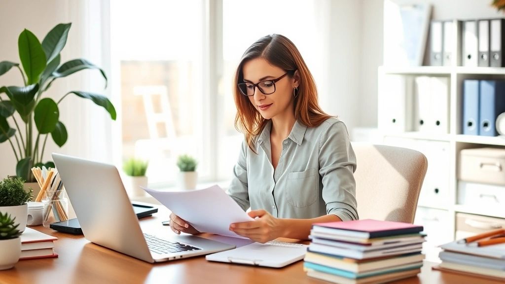 Woman sitting at home office desk reviewing medical bills and insurance documents, laptop open, organized filing system visible, morning sunlight through window, professional casual attire, calm focused expression