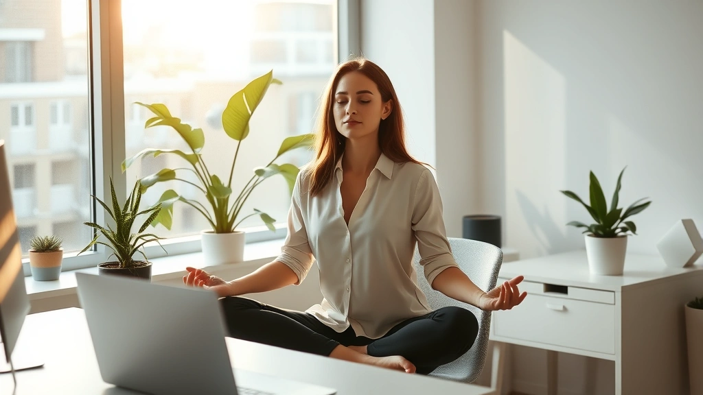 Professional woman in modern office meditating at desk, morning sunlight through window, calm focused expression, minimalist workspace with plants, natural light, peaceful atmosphere