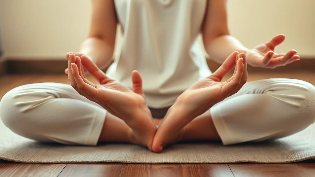 Close-up of hands in meditation pose on lap, peaceful meditation space, soft warm lighting, wooden floor, neutral background, serene mindfulness practice environment