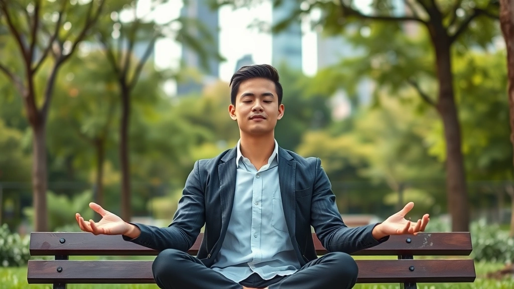 Young professional meditating outdoors in urban park, sitting peacefully on bench, natural greenery background, professional casual clothing, morning meditation session, city skyline blurred