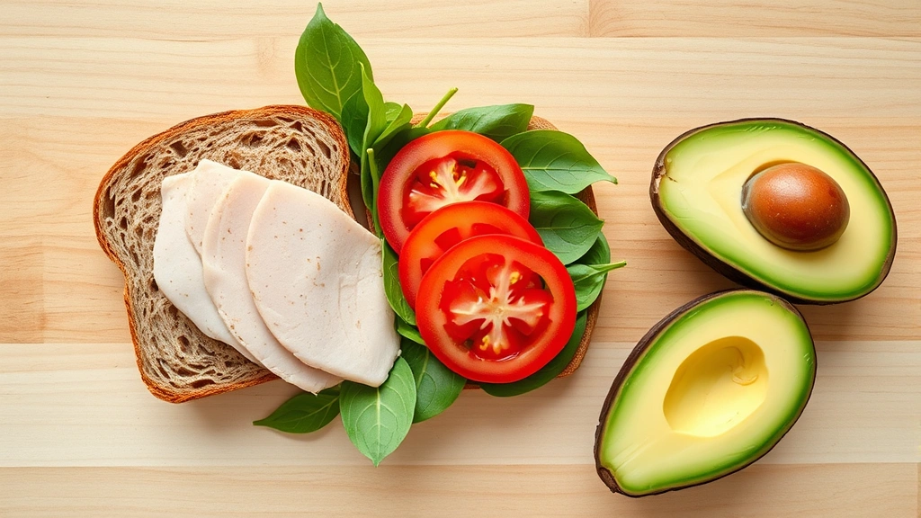 Overhead flat lay of artfully arranged sandwich ingredients: crusty whole grain bread, sliced turkey breast, fresh spinach leaves, ripe tomato slices, and creamy avocado on a light wooden cutting board with natural daylight