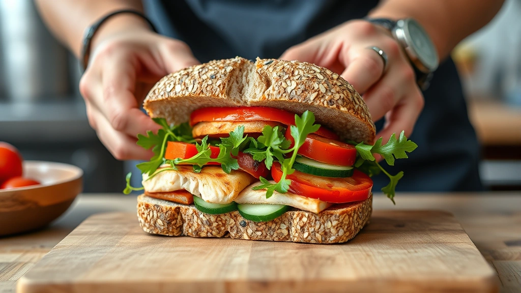 Close-up of hands assembling a gourmet sandwich with grilled chicken, roasted red peppers, fresh arugula, and cucumber on sprouted grain bread in a bright kitchen