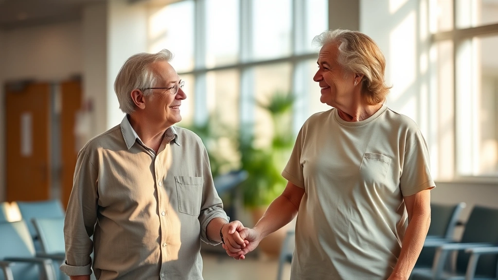 A middle-aged couple holding hands in a hospital waiting room, soft natural light streaming through windows, both looking calm and connected despite the medical setting, warm tones, authentic emotion