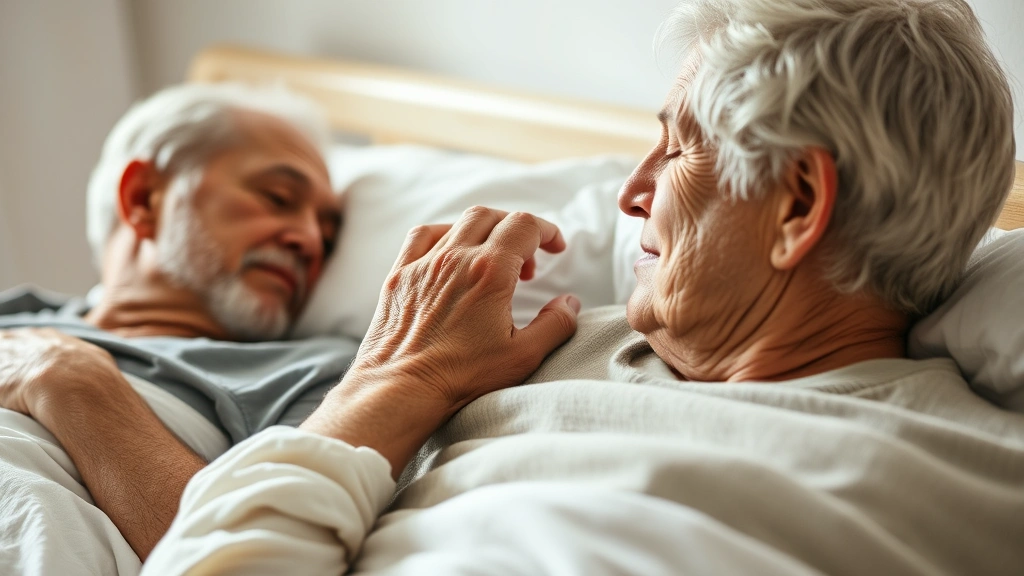 Close-up of an older couple in bed, one partner gently touching the other's shoulder in a gesture of comfort and reassurance, peaceful morning light, intimate yet respectful, showing tenderness and care