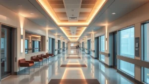 Modern hospital corridor with warm lighting, comfortable seating areas, and welcoming architectural design reflecting contemporary medical facility aesthetics and patient comfort