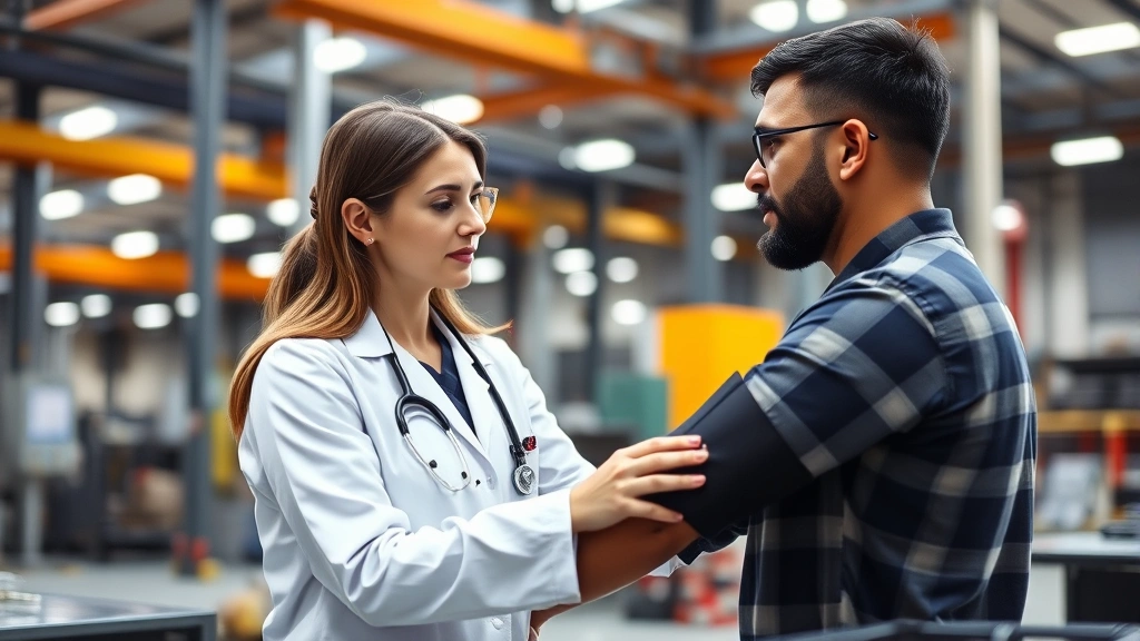 Professional female occupational health nurse in clinical white coat examining male manufacturing worker's blood pressure in bright industrial facility workplace setting, modern equipment visible