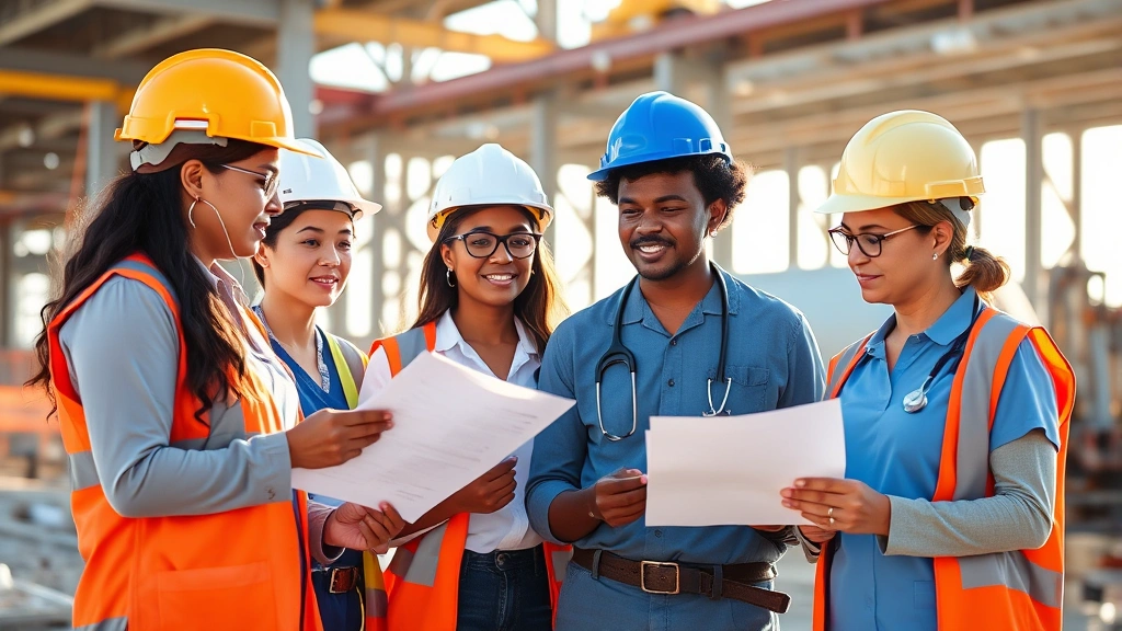 Diverse industrial health nursing team in safety helmets reviewing workplace hazard assessment documentation at construction site, morning sunlight, professional collaboration environment