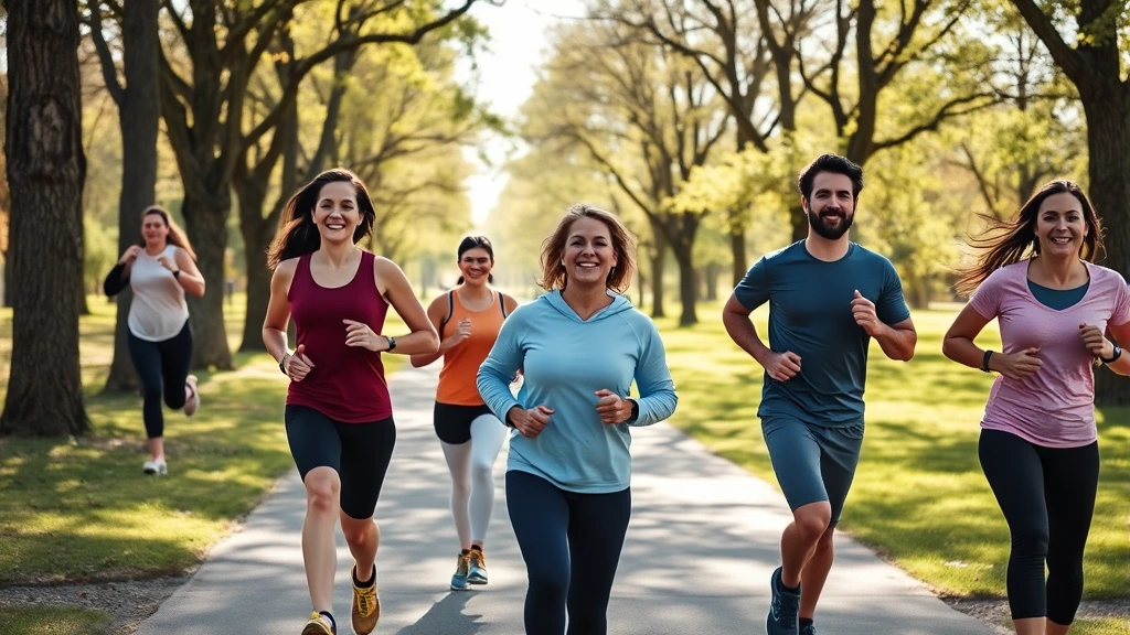 Diverse group of adults exercising outdoors in Ingham County park, smiling and jogging on a tree-lined path on sunny morning, wearing athletic wear, healthy lifestyle energy