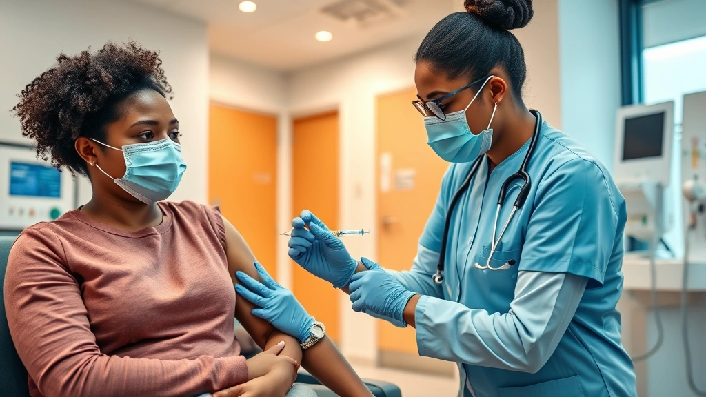 Healthcare professional administering vaccine to patient in modern clinic, warm lighting, compassionate care setting, medical equipment visible, diverse representation
